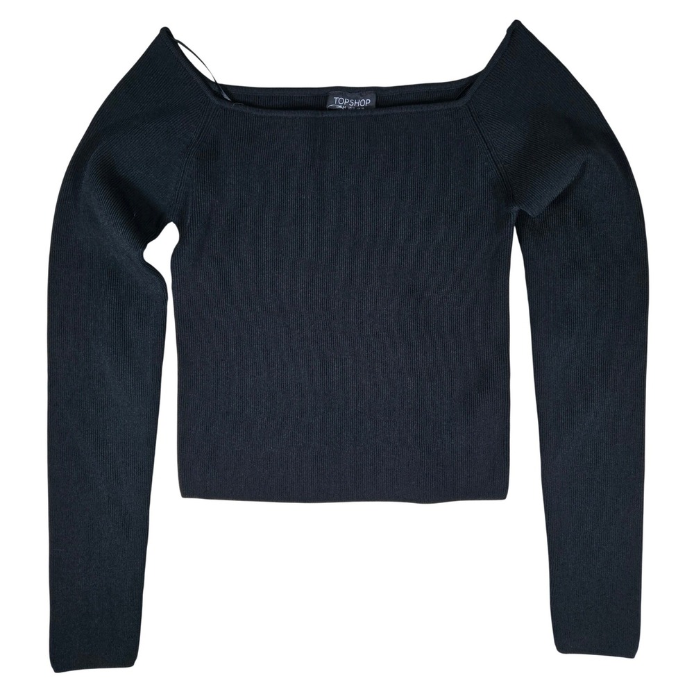 Topshop Black Ribbed Off The Shoulder Fitted Long Sleeve Top US 12 NEW